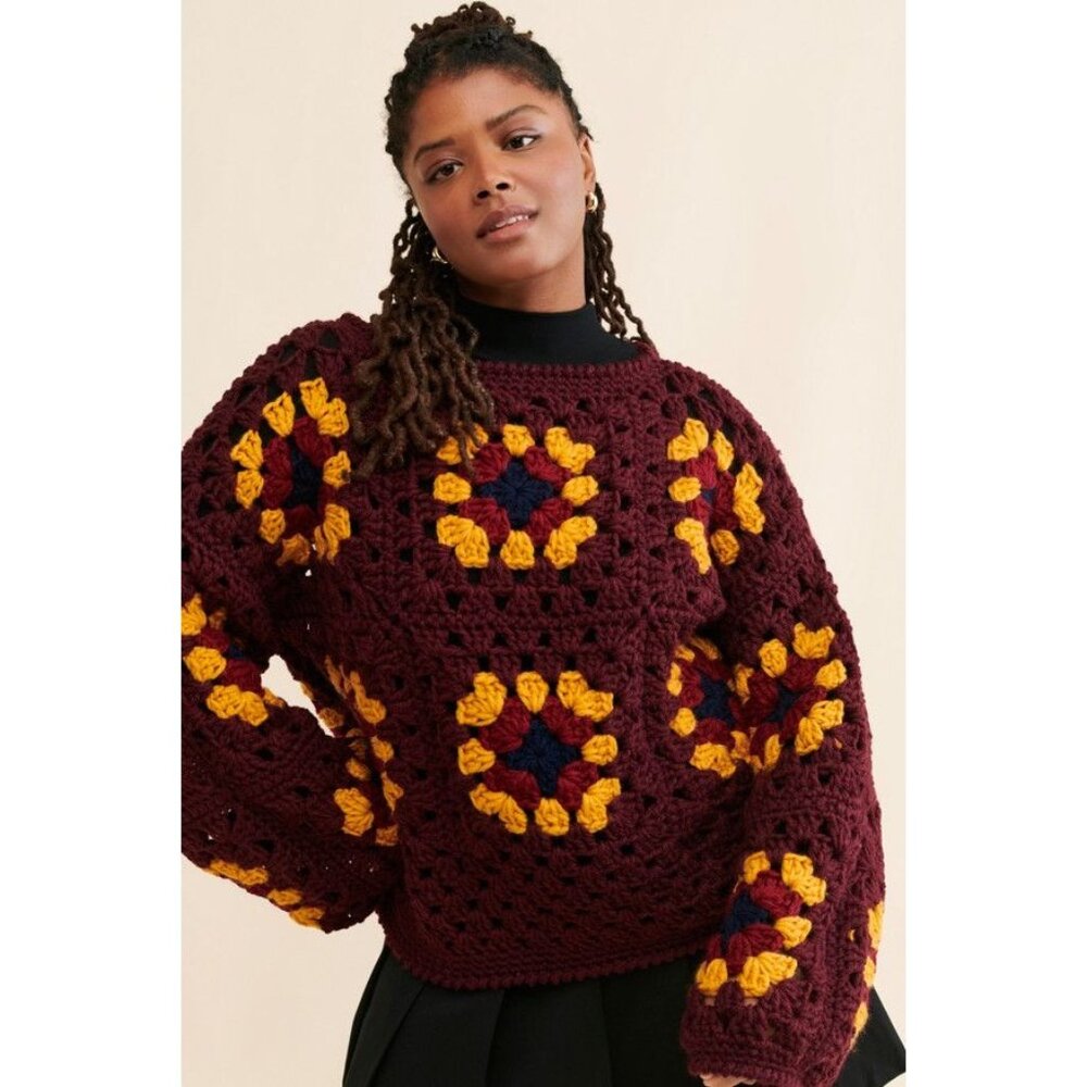 Society Mano Granny Square Chunky Knit Sweater Womens S Burgundy Crochet Vintage
